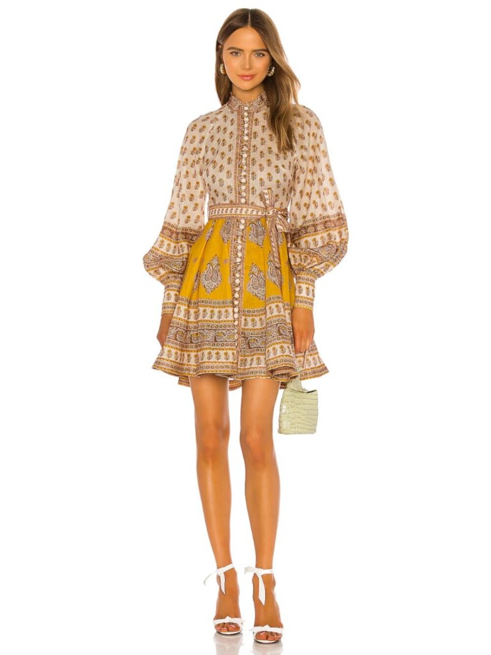 Zimmermann Bonita Buttoned Linen Mini Dress Mustard Paisley XS - Picture 1 of 13